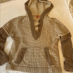 Tory Burch Cream and Brown Hooded V-Neck Sweater